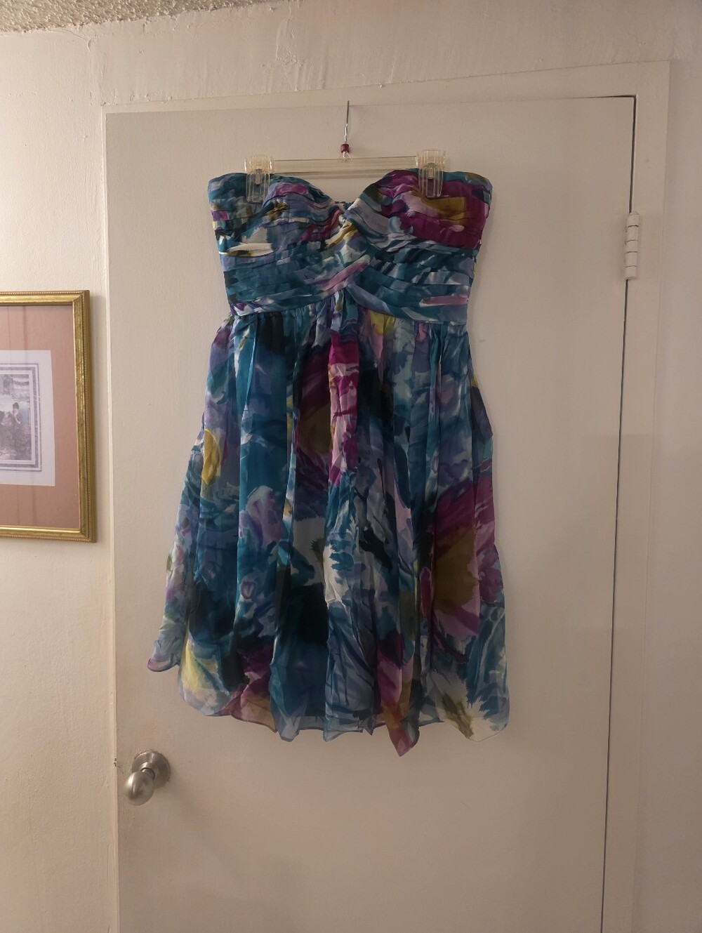 (NWOT) Donna Morgan Strapless Floral Chiffon Blue Multicolor Dress
